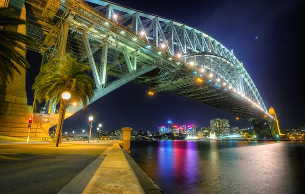 Мост, огни, дома, вечер, фонари, набережная, Australia, Sydney