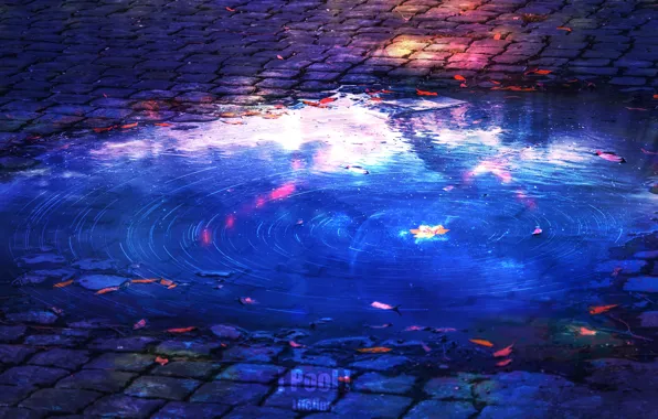 Осень, небо, листья, отражение, лужа, мостовая, by Lifeline