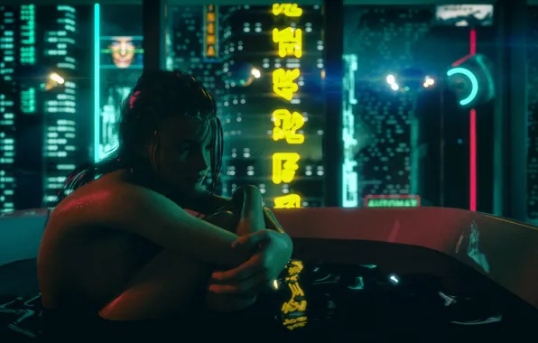 Девушка, Ночь, Город, Неон, Ванная, Style, Neon, Illustration