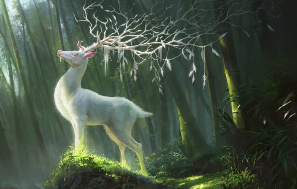 Fantasy, forest, horns, animal, digital art, artwork, branches, fantasy art