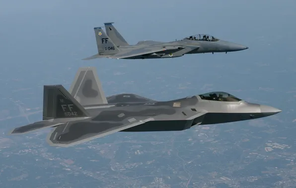 Картинка полет, высота, raptor, пилоты, F-15, ВВС США, Air Force Base, FA-22