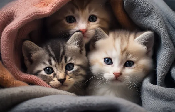 Кошки, котята, малыши, компания, милота, мордашки, ИИ-арт, нейросеть