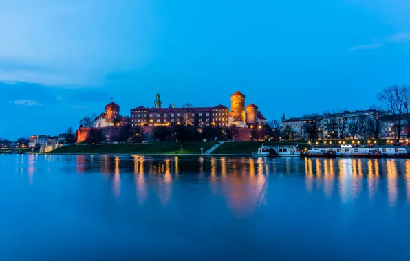 Замок, вечер, подсветка, Польша, Краков, Вавельский замок