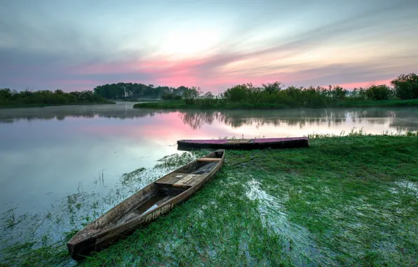 Картинка лето, озеро, рассвет, лодки, утро, Польша, Бебжанский национальный парк