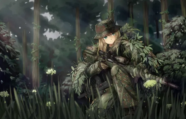 Картинка лес, девушка, оружие, солдат, снайпер, камуфляж, art, tc1995