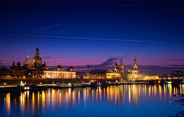 Ночь, мост, огни, река, дома, Германия, Dresden, дворцы