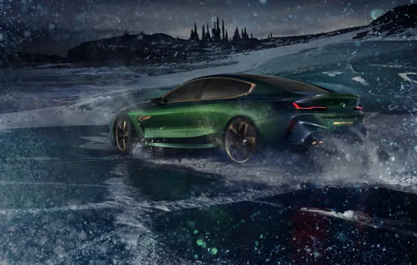 Снег, тьма, купе, лёд, BMW, вид сбоку, 2018, M8 Gran Coupe Concept