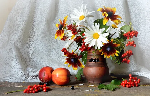 Ромашки, букет, натюрморт, калина, нектарины, рудбекия, арония