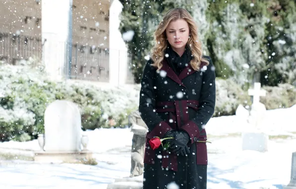 Цветок, снег, поза, роза, сериал, пальто, Emily VanCamp, Revenge