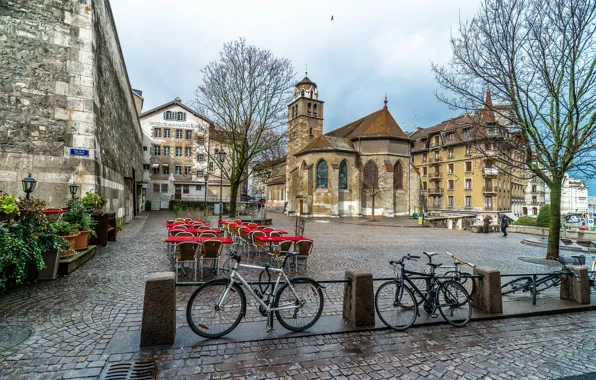 Картинка город, улица, здания, Швейцария, Switzerland, street, велосипеды, town