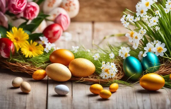 Цветы, яйца, весна, colorful, Пасха, happy, flowers, spring
