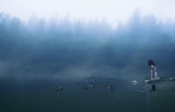 Картинка река, утки, девочка, туманное утро