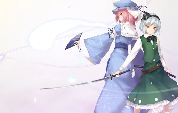 Оружие, девушки, меч, лепестки, веер, touhou, art, konpaku youmu