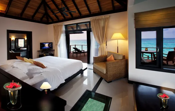 Дизайн, стиль, интерьер, Мальдивы, жилое пространство, вилла на воде