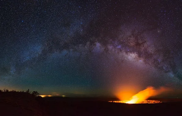 Картинка небо, звезды, вулкан, млечный путь, photographer, Kenji Yamamura, Hawaii Volcanoes National Park, Big Island