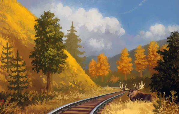 Картинка лес, природа, арт, железная дорога, рога, лось