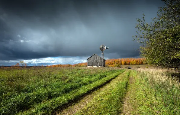 Картинка поле, осень, пейзаж, дом, ветряк