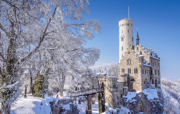 Картинка зима, солнце, мост, замок, Германия, Baden-Württemberg, Lichtenstein Castle, Hanau