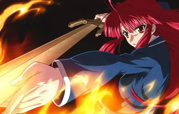 Девушка, огонь, меч, Kaze No Stigma, Ayano Kannagi, красные волоссы, Печать ветра