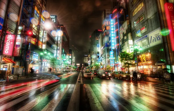 Дорога, машины, ночь, здания, Tokyo, Japan