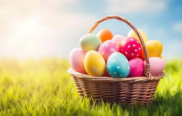 Цветы, корзина, поляна, яйца, весна, colorful, Пасха, happy