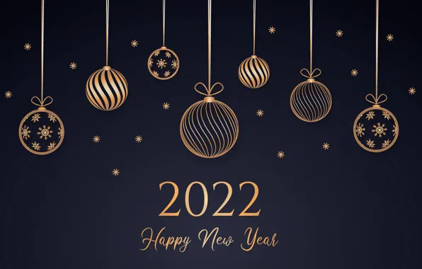 Картинка золото, шары, цифры, Новый год, golden, черный фон, new year, happy