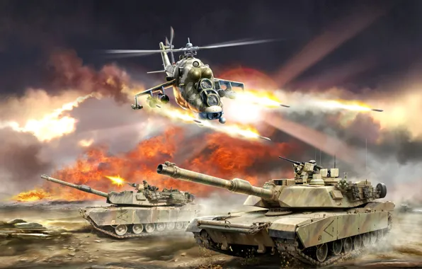 Картинка бой, вертолет, танк, США, Россия, бронетехника, Ми-24, военная техника
