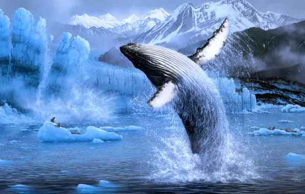Зима, море, вода, снег, горы, брызги, природа, поза