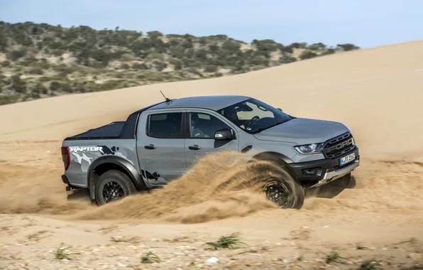 Картинка песок, серый, движение, Ford, вид сбоку, Raptor, пикап, Ranger