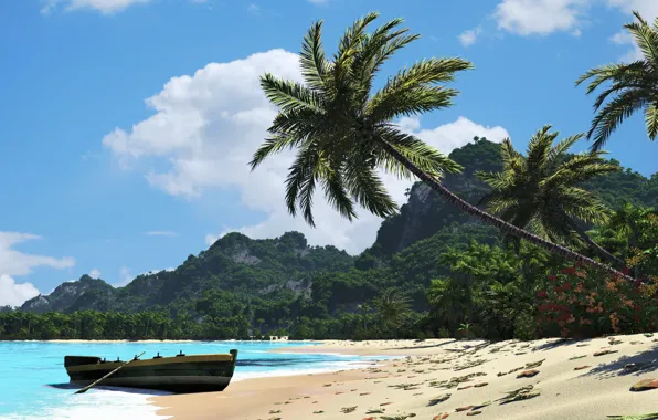 Картинка пляж, листья, пальмы, холмы, лодка, солнечно
