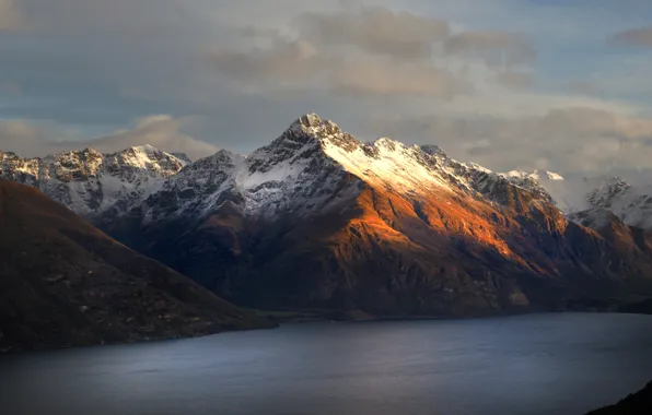 Зима, снег, горы, озеро, New Zealand, Queenstown, Walter Peak