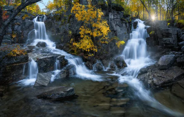 Осень, солнце, река, скалы, водопад, Норвегия, Norway, Ole Henrik Skjelstad