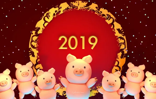 Картинка праздник, арт, Новый год, заставка, поросята, Year Of the Pig, Tzuyu Kao