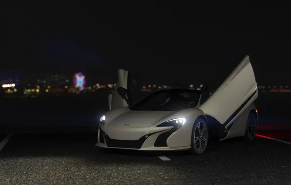 Асфальт, ночь, серый, фары, McLaren, Spider, GTA 5, 650S