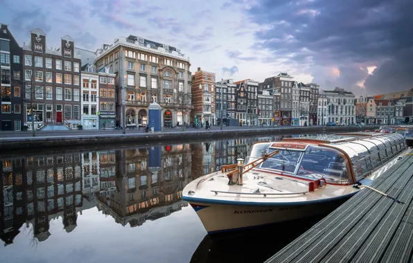 Отражение, здания, дома, причал, Амстердам, канал, Нидерланды, Amsterdam