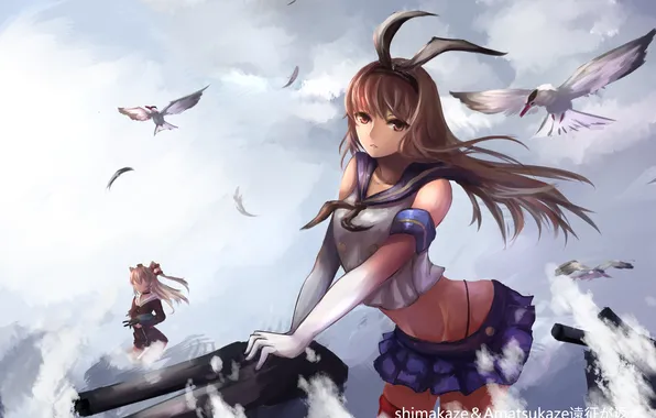 Небо, облака, птицы, оружие, девушки, аниме, арт, kantai collection