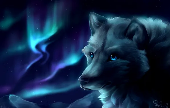 Картинка горы, волк, северное сияние, by SnoSwirl
