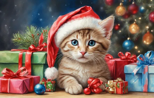 Кошка, взгляд, шарики, ветки, поза, котенок, рисунок, котик