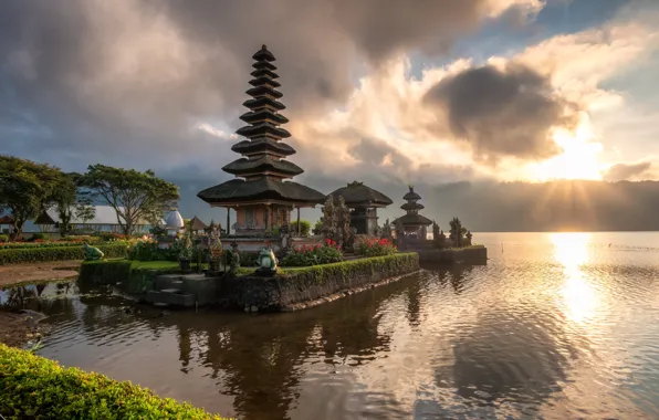 Картинка Солнце, Вода, Бали, Индонезия, Рассвет, Bali, Indonesia, Pura Ulun Danu Bratan