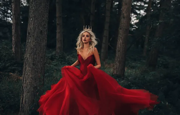 Лес, девушка, корона, платье, в красном, Fairy Tale, Adam Bird