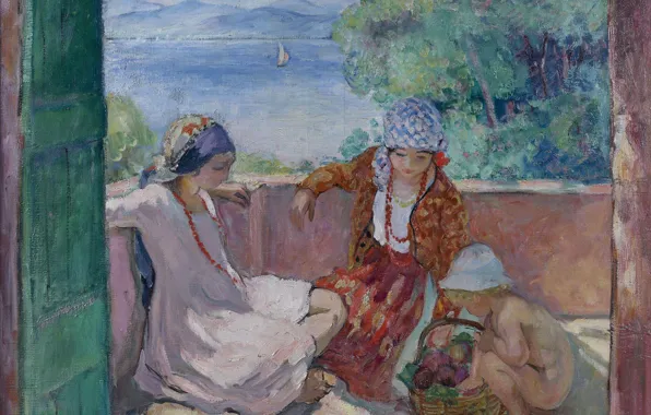 Море, пейзаж, дети, женщина, лодка, картина, жанровая, Анри Лебаск