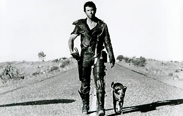 Картинка дорога, собака, арт, постапокалиптика, Mel Gibson, Воин дороги, Мел Гибсон, Mad Max 2