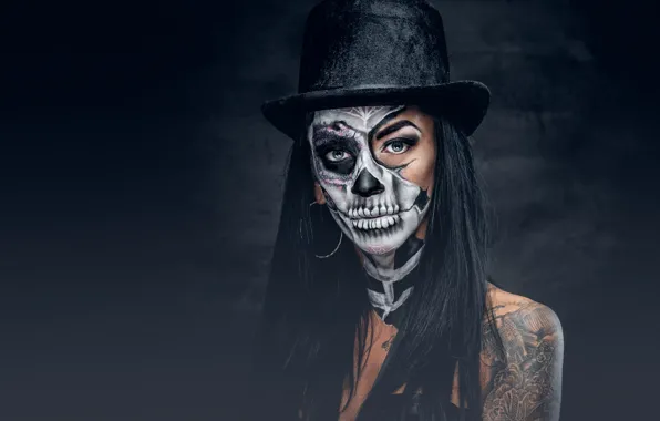 Картинка woman, look, female, makeup, day of the dead