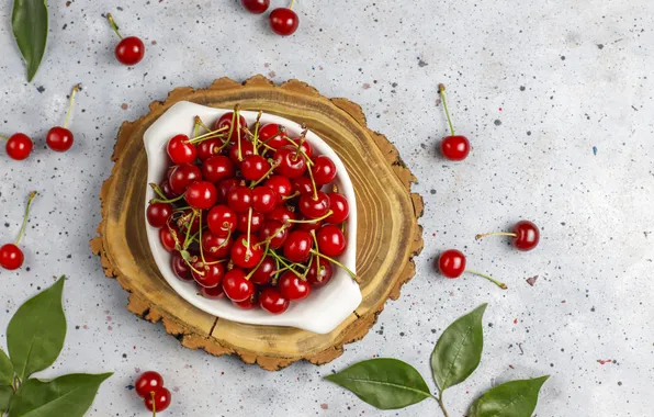 Листья, вишня, ягоды, стол, миска, россыпь, светлый фон, черешня