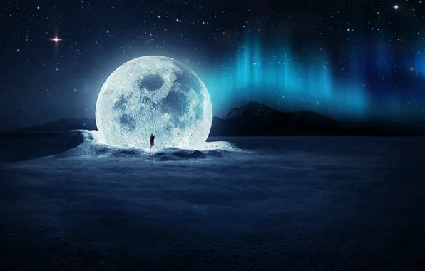 Aurora, girl, moon, sky, digital, stars, night sky, photograhpy