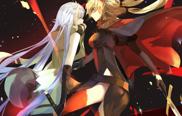 Девушки, арт, сражение, pixiv fantasia