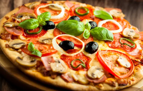 Картинка грибы, сыр, перец, пицца, помидоры, pizza, блюдо, маслины