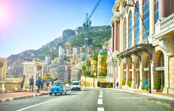 Машины, люди, улица, здания, кран, Cars, Monaco, Street