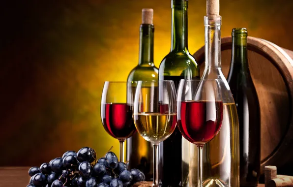 Картинка вино, красное, белое, бокалы, виноград, гроздь, пробки, бутылки