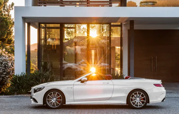Картинка солнце, Mercedes-Benz, белая, кабриолет, сбоку, мерседес, AMG, S 63